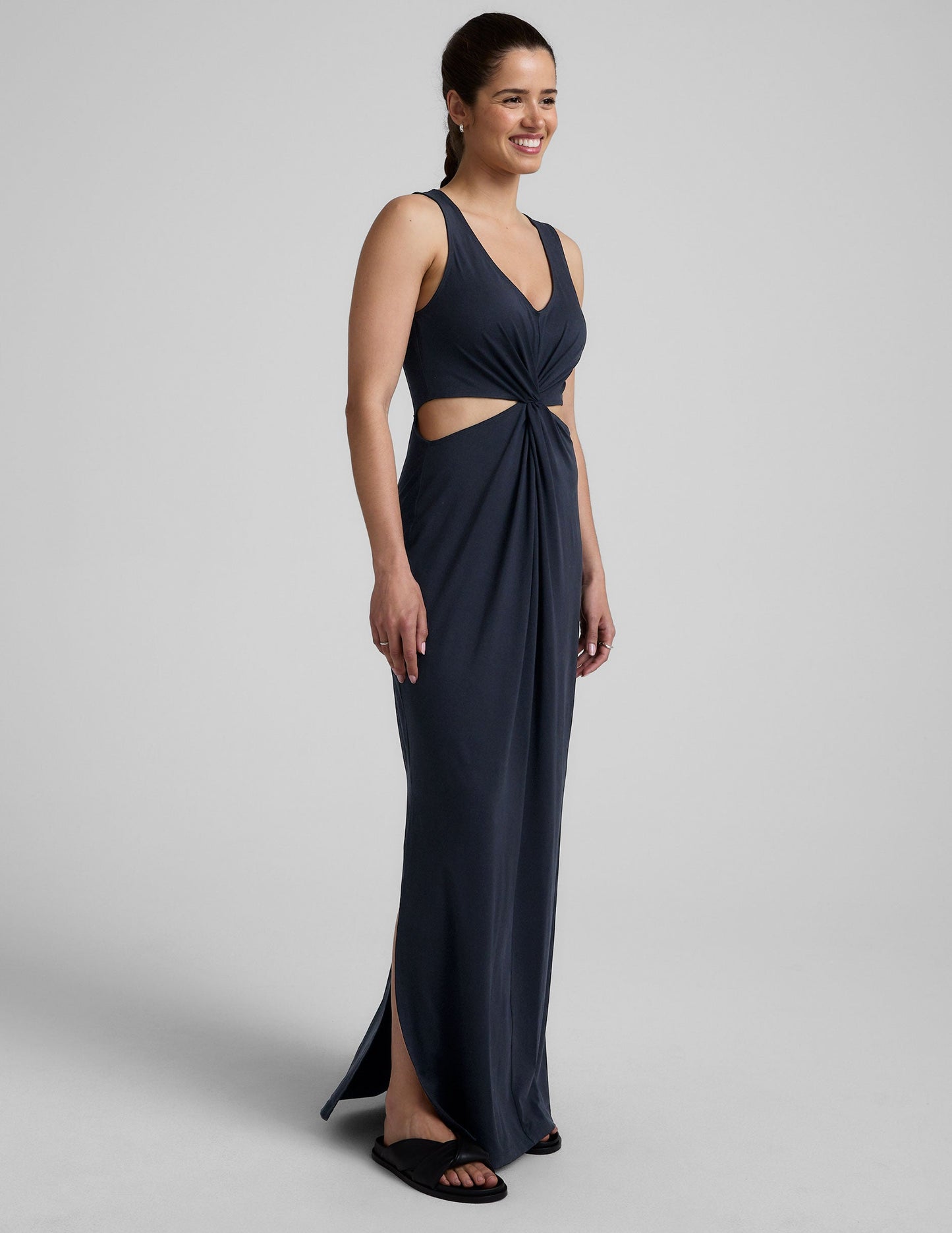 Stylish V-Neck Maxi Dress with Front Twist, Side Cutouts for Summer