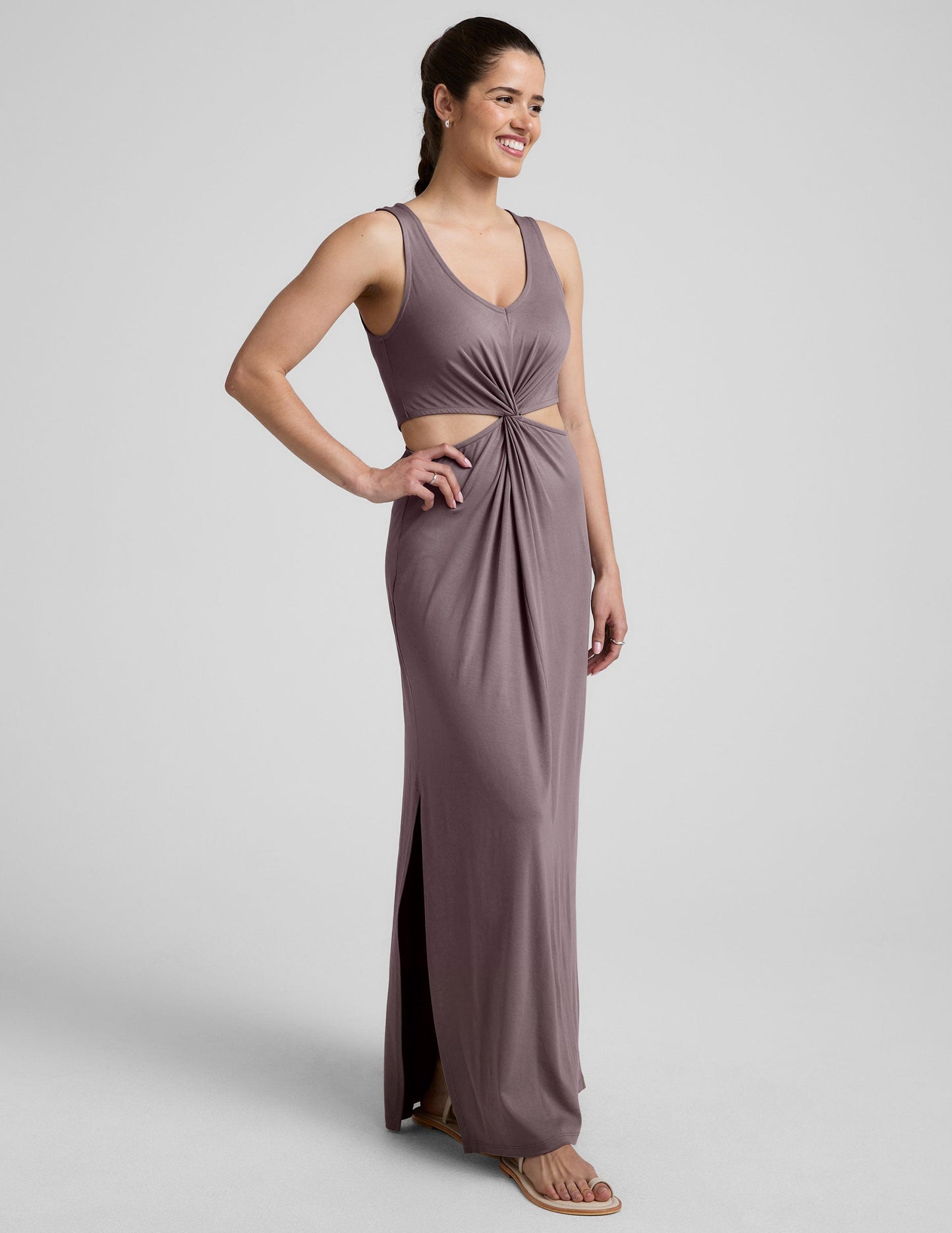 Chic V-Neck Maxi Dress: Front Twist, Side Cutouts, Effortless Summer Style