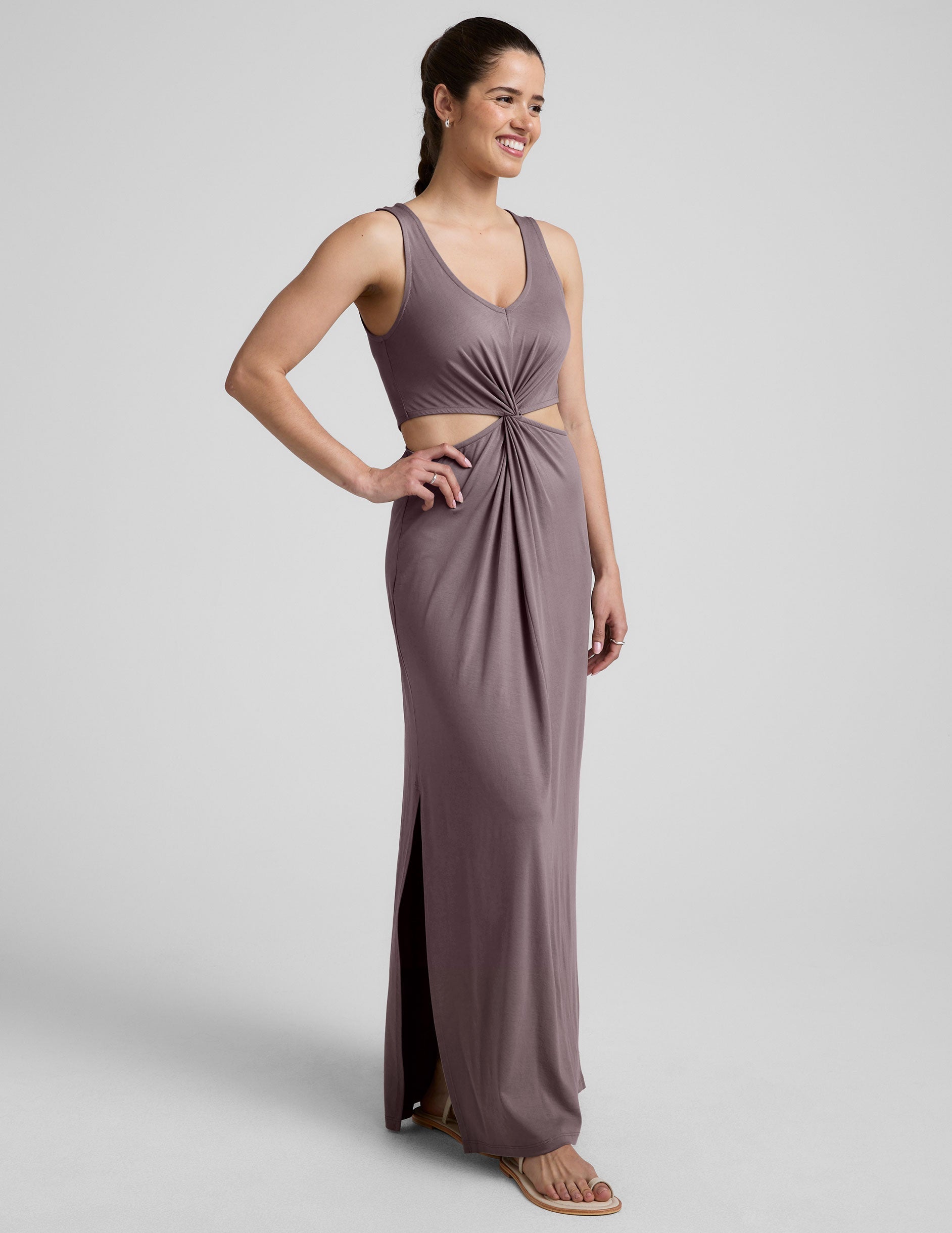 Chic V-Neck Maxi Dress: Front Twist, Side Cutouts, Effortless Summer Style