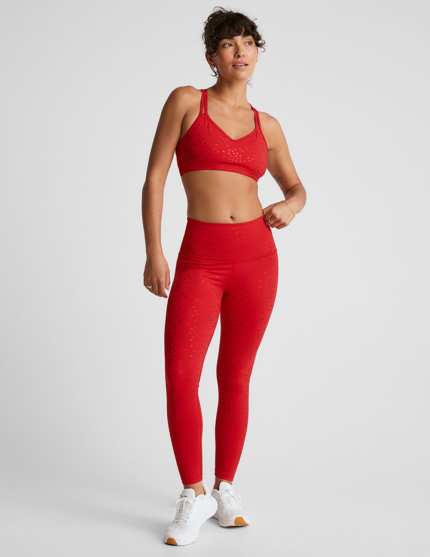 Candy Apple Red PowerShine High-Waisted Midi Leggings with Shimmering Hearts