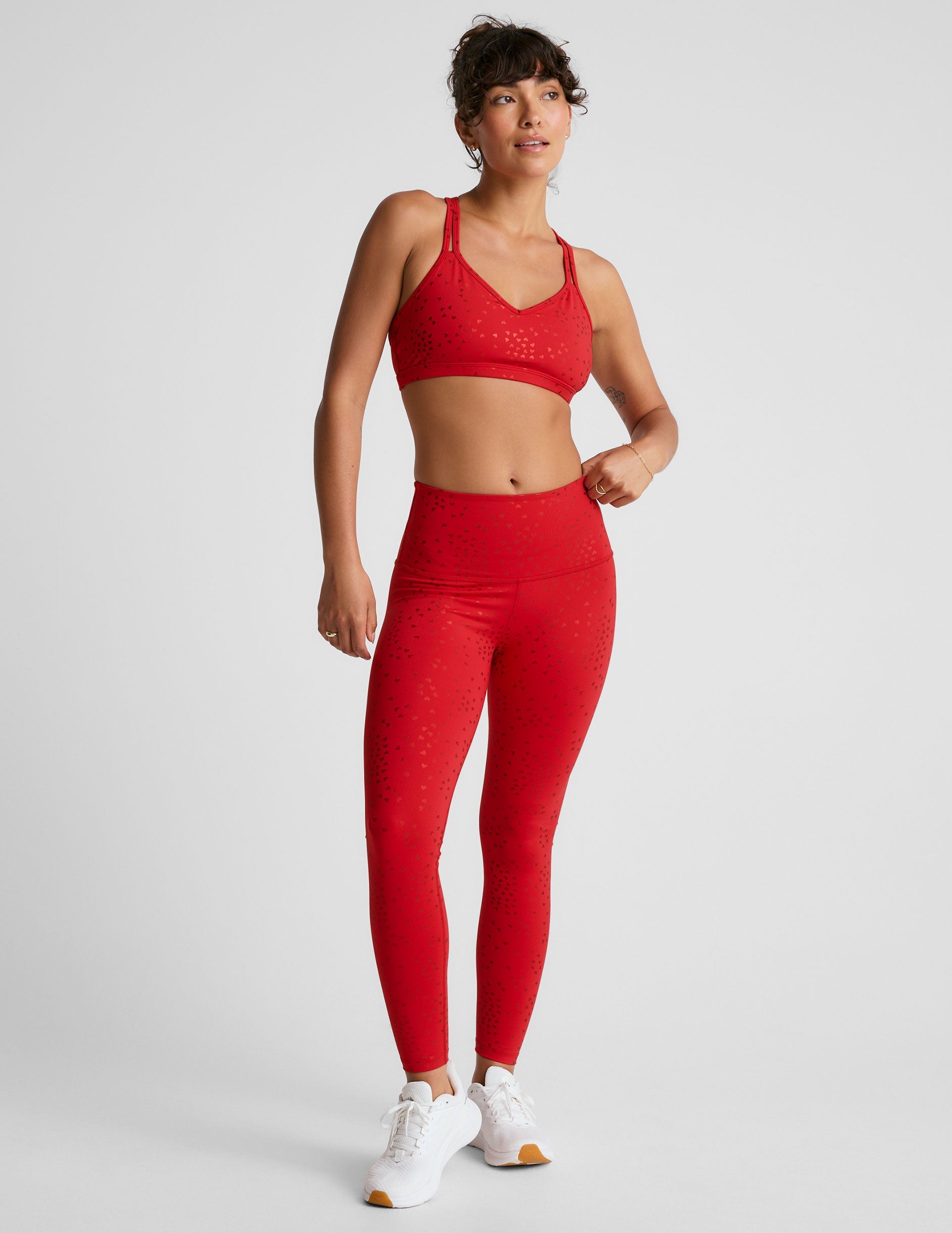 Candy Apple Red PowerShine High-Waisted Midi Leggings with Shimmering Hearts