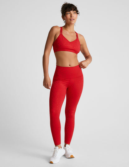 Candy Apple Red PowerShine High-Waisted Midi Leggings with Shimmering Hearts