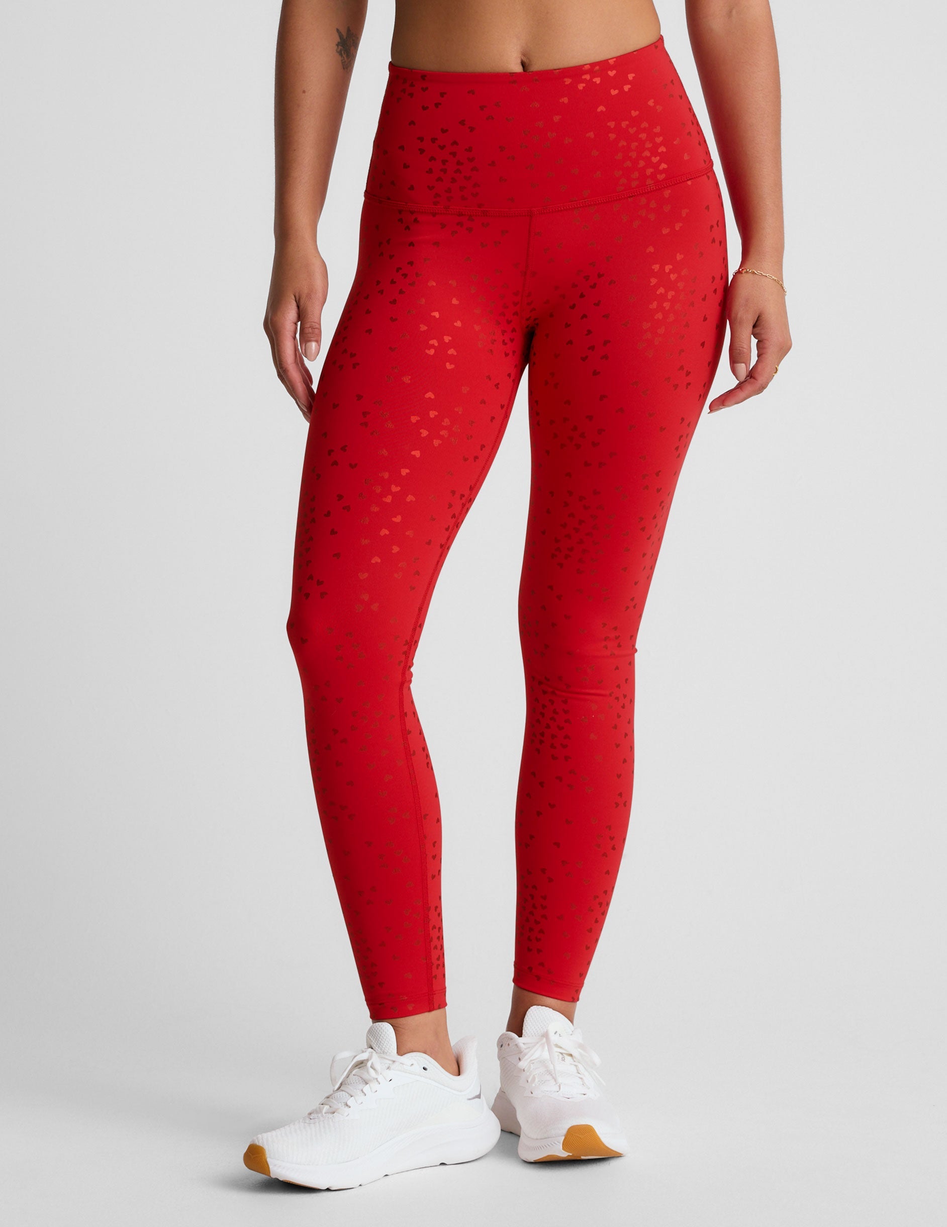 Candy Apple Red PowerShine High-Waisted Midi Leggings with Shimmering Hearts