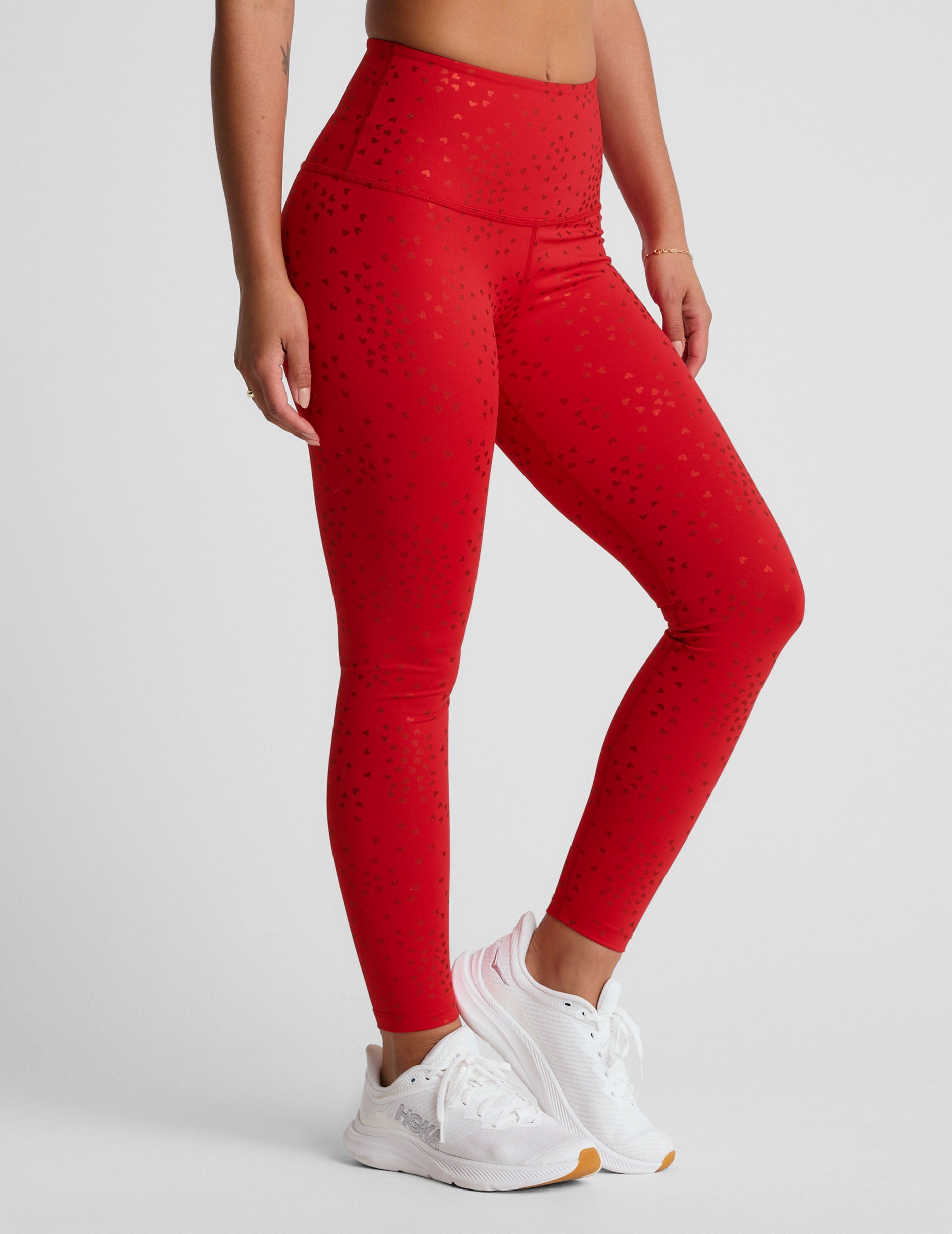 Candy Apple Red PowerShine High-Waisted Midi Leggings with Shimmering Hearts