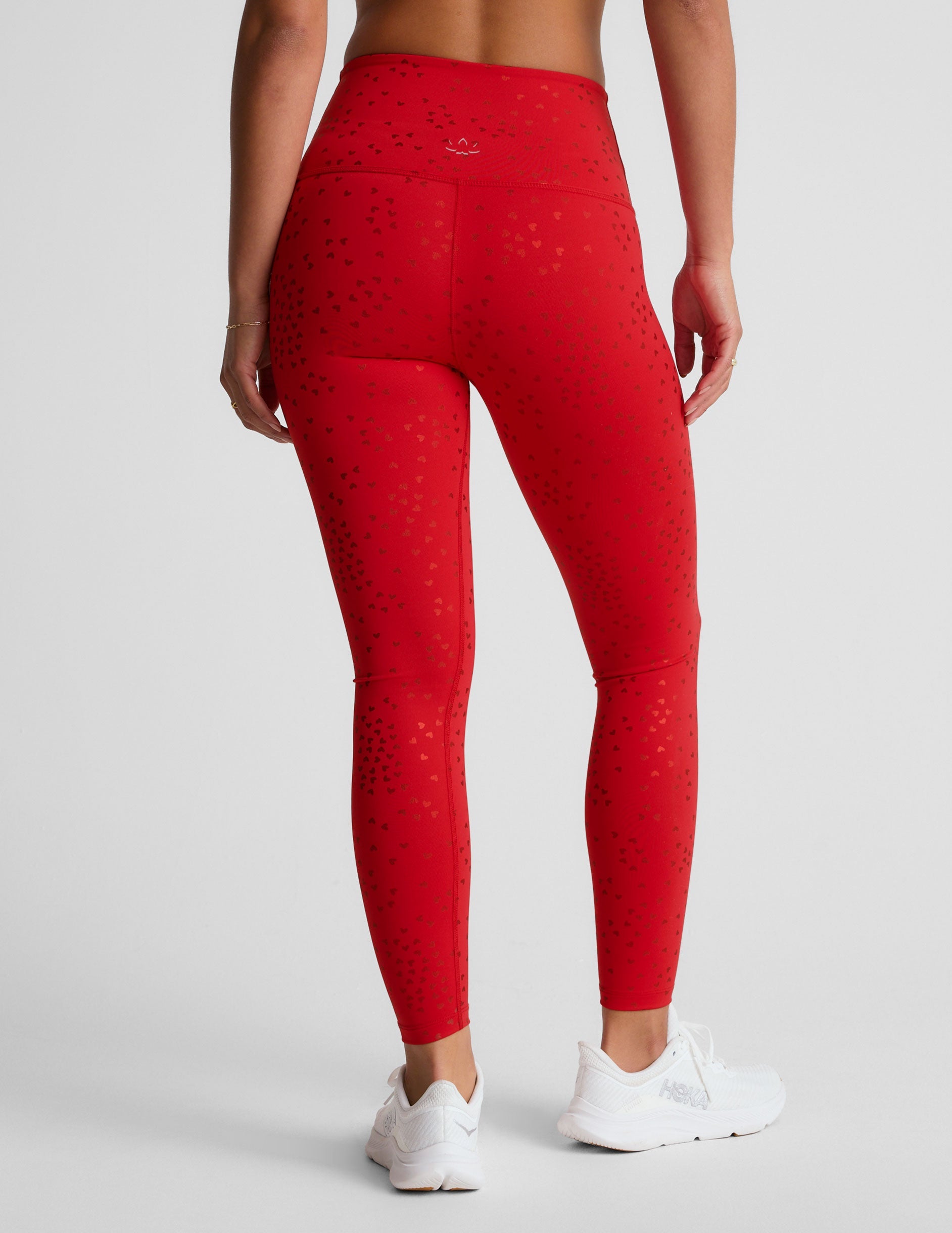 Candy Apple Red PowerShine High-Waisted Midi Leggings with Shimmering Hearts