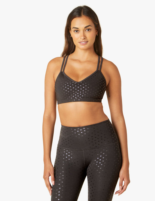 Beyond Yoga PowerShine Double Back Bra with Shimmering Hearts Design