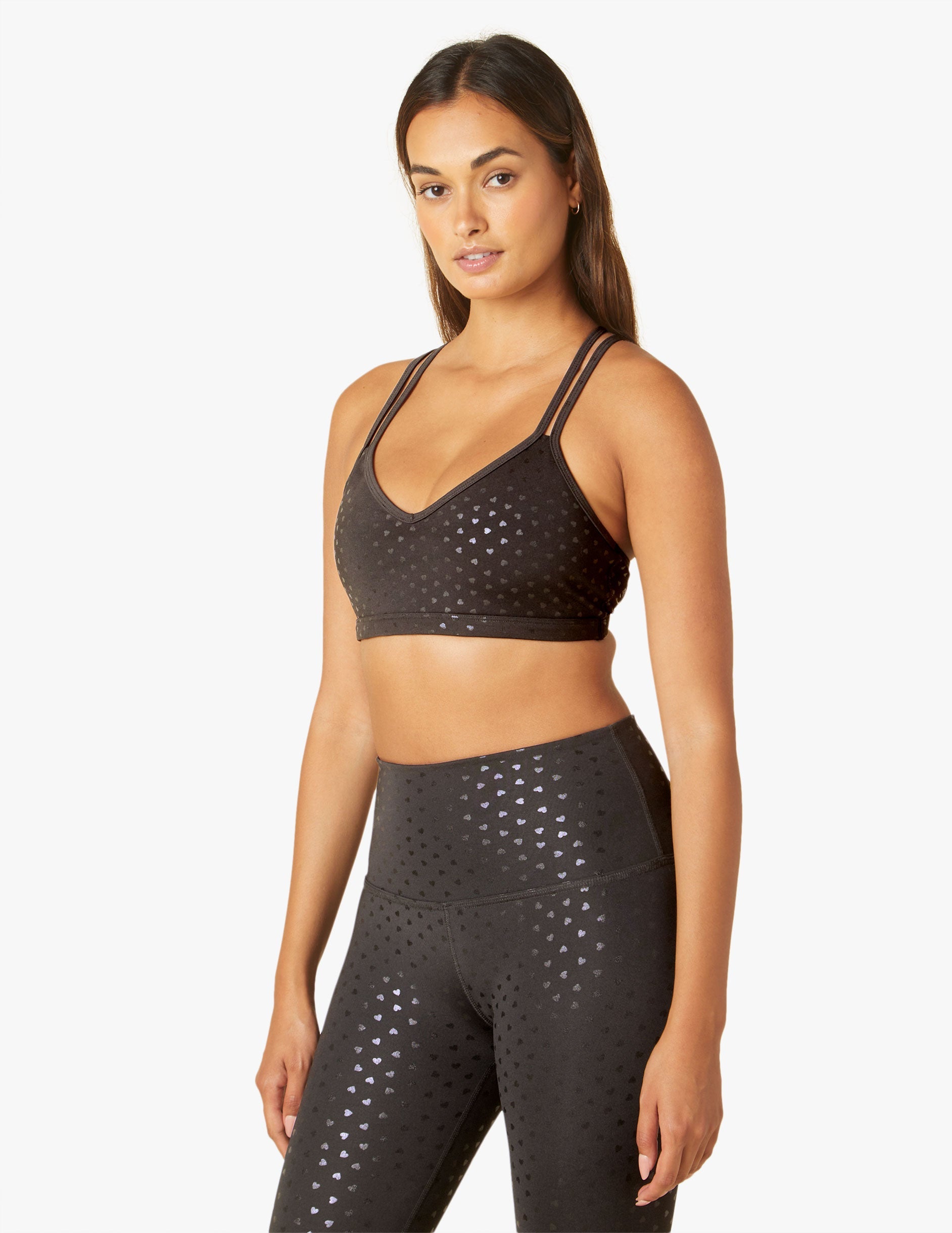 Beyond Yoga PowerShine Double Back Bra with Shimmering Hearts Design