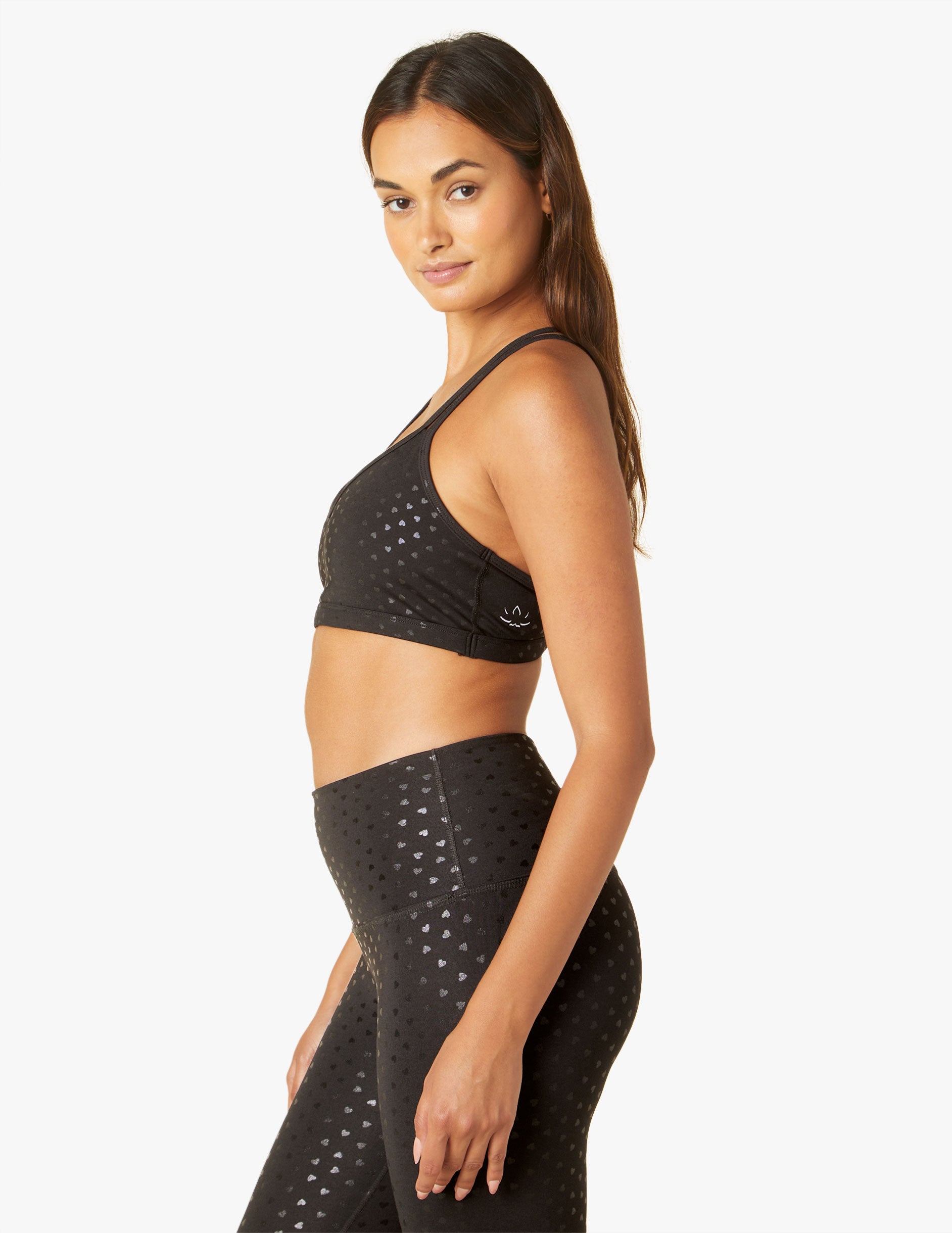 Beyond Yoga PowerShine Double Back Bra with Shimmering Hearts Design