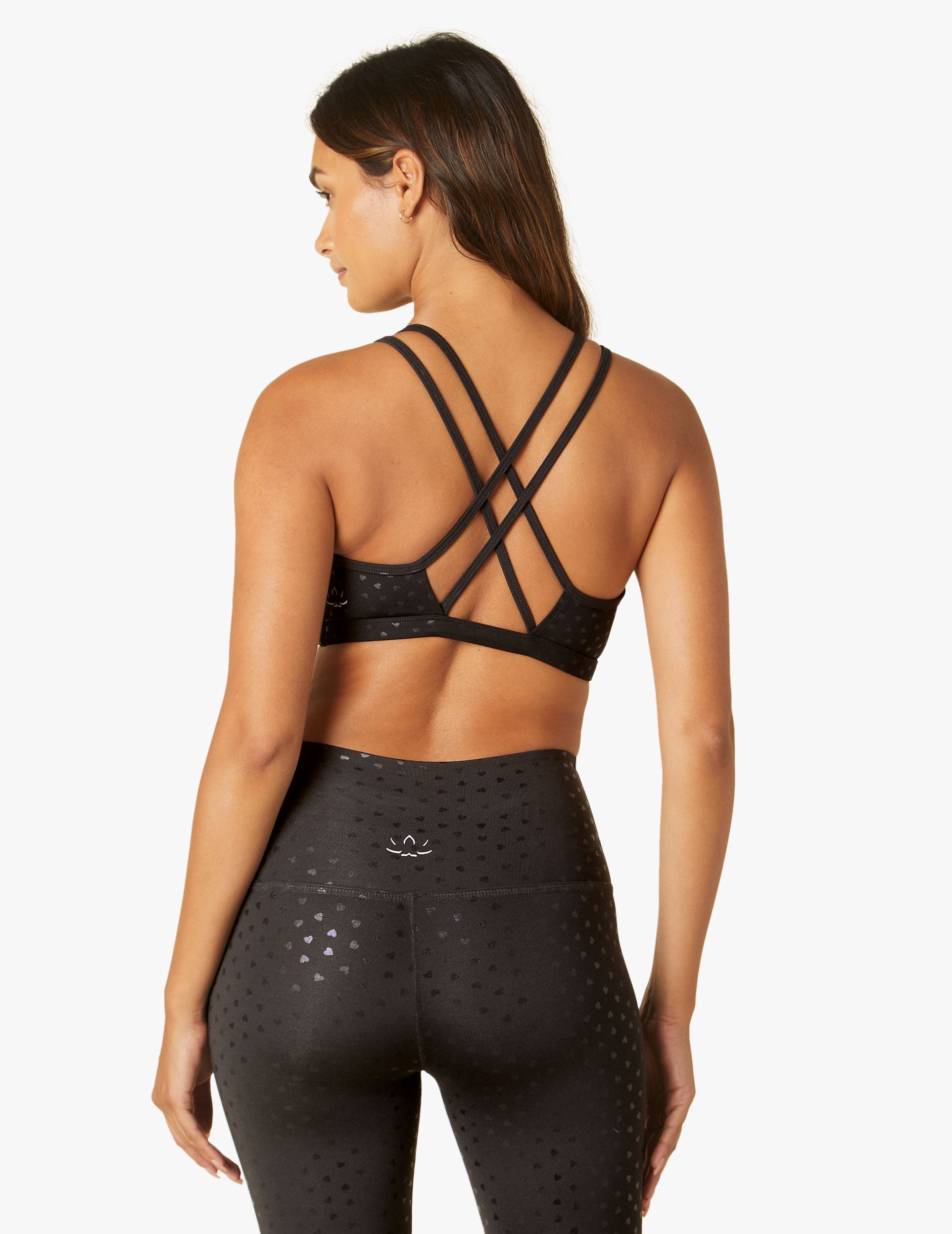 Beyond Yoga PowerShine Double Back Bra with Shimmering Hearts Design