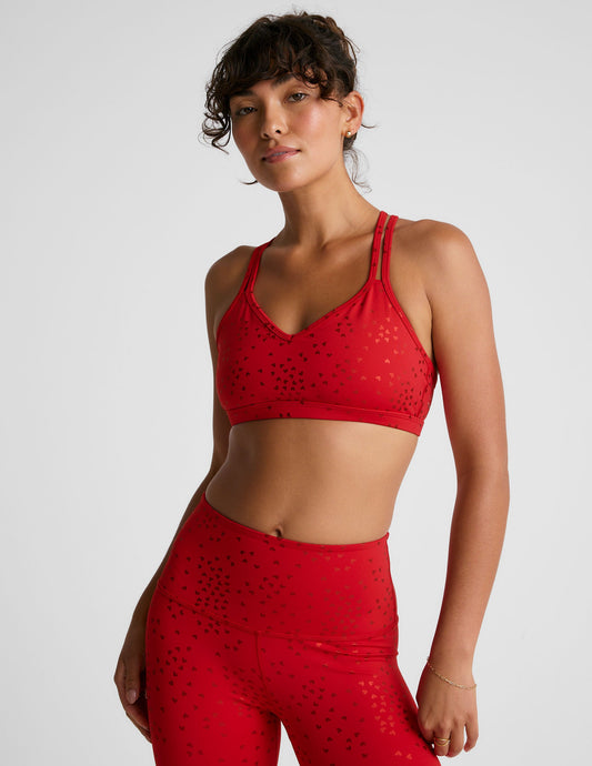 Candy Apple Red Shimmering Hearts Double Crossover Back V-Neck Sports Bra Medium Support