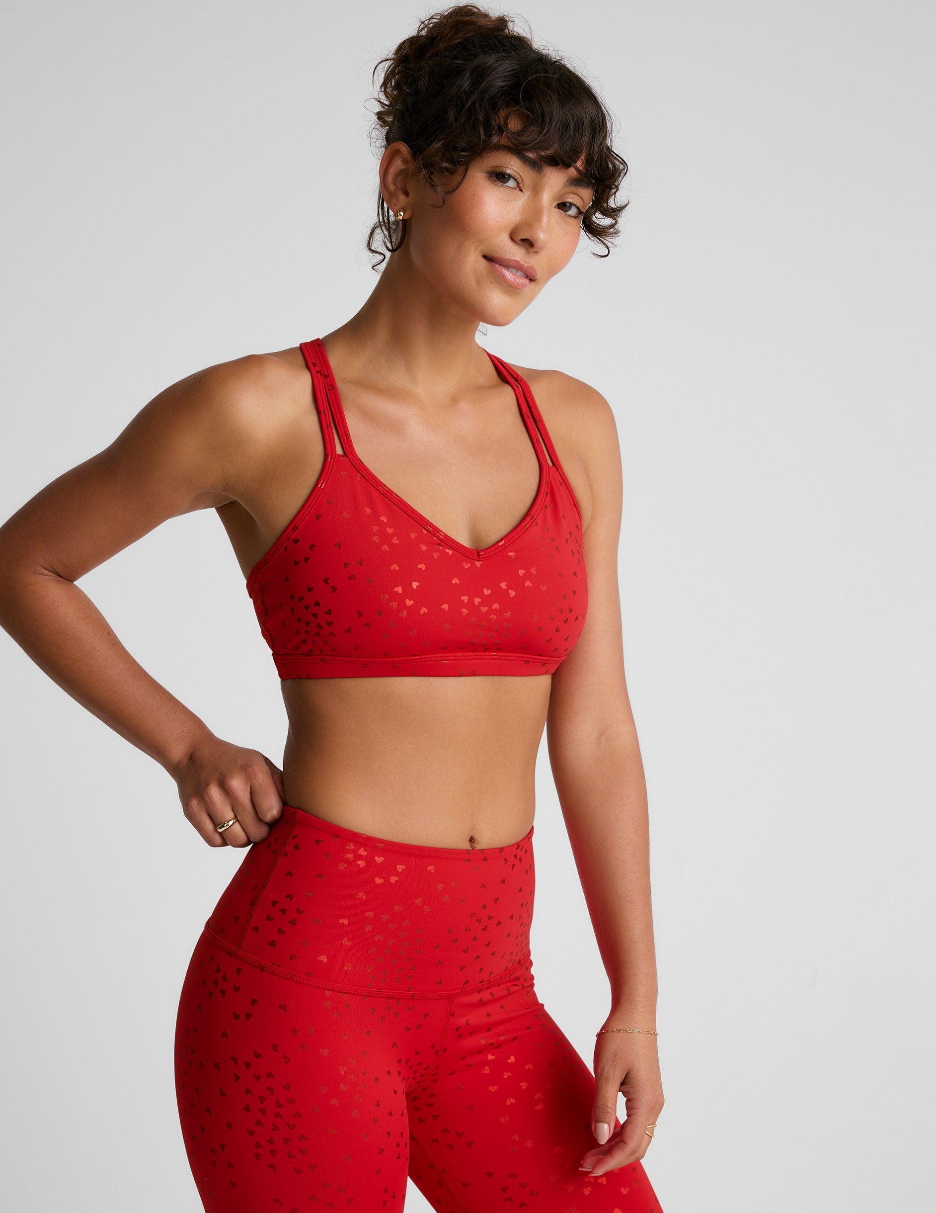 Candy Apple Red Shimmering Hearts Double Crossover Back V-Neck Sports Bra Medium Support