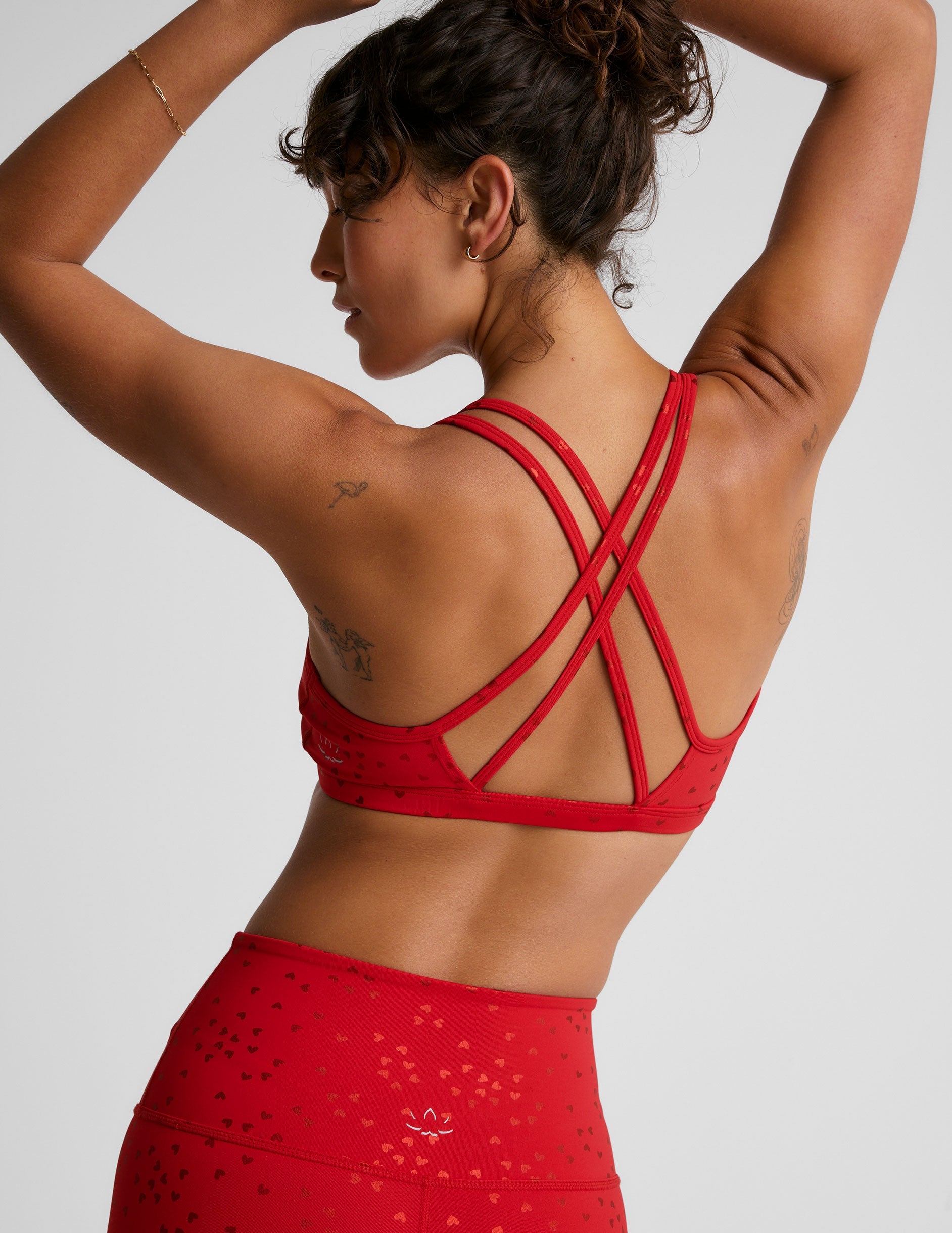 Candy Apple Red Shimmering Hearts Double Crossover Back V-Neck Sports Bra Medium Support