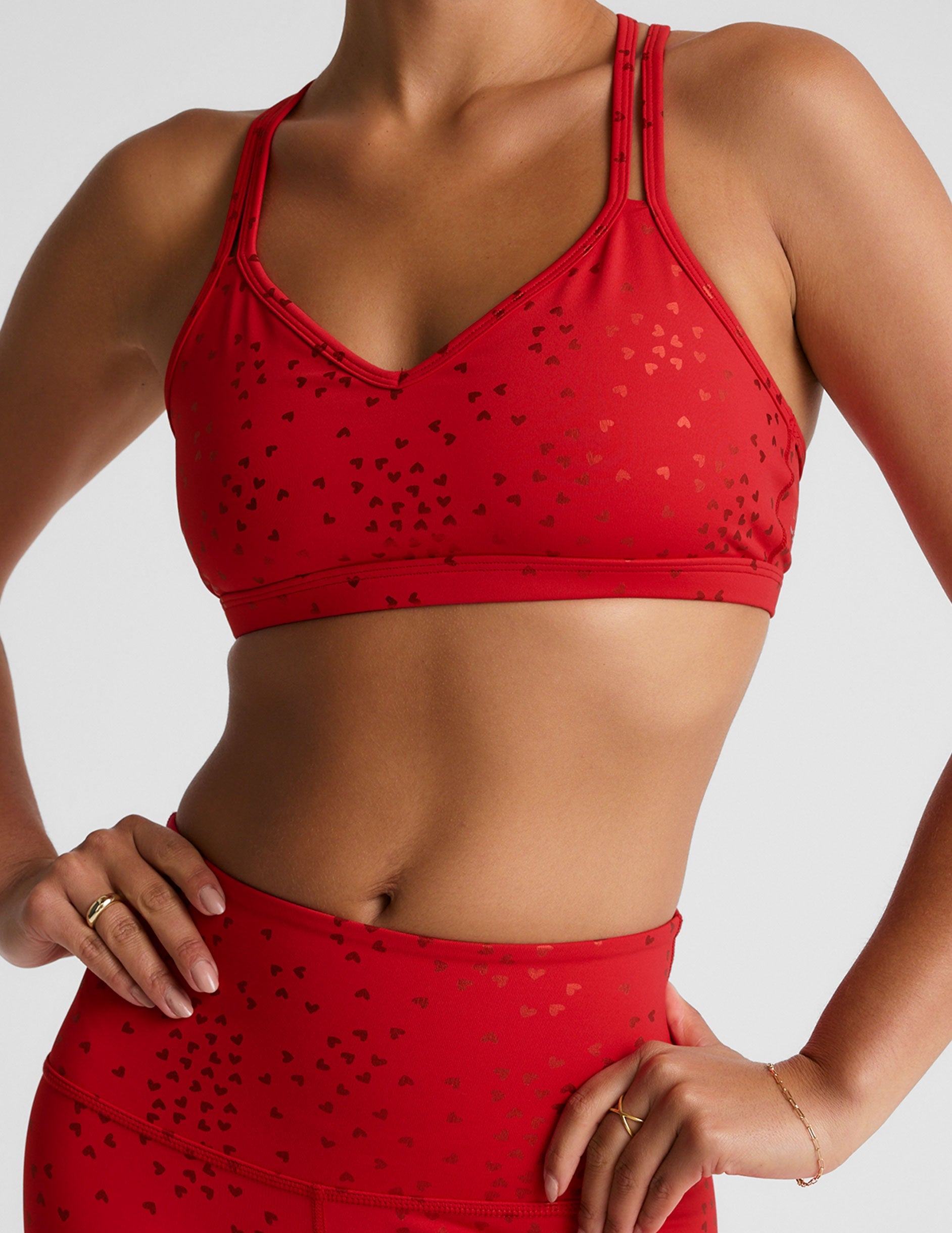 Candy Apple Red Shimmering Hearts Double Crossover Back V-Neck Sports Bra Medium Support