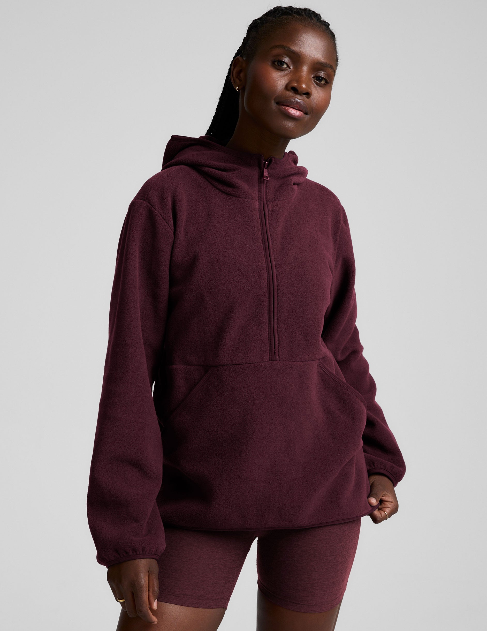Cozy Fleece Half-Zip Pullover Jacket with Hood and Warm Kangaroo Pocket
