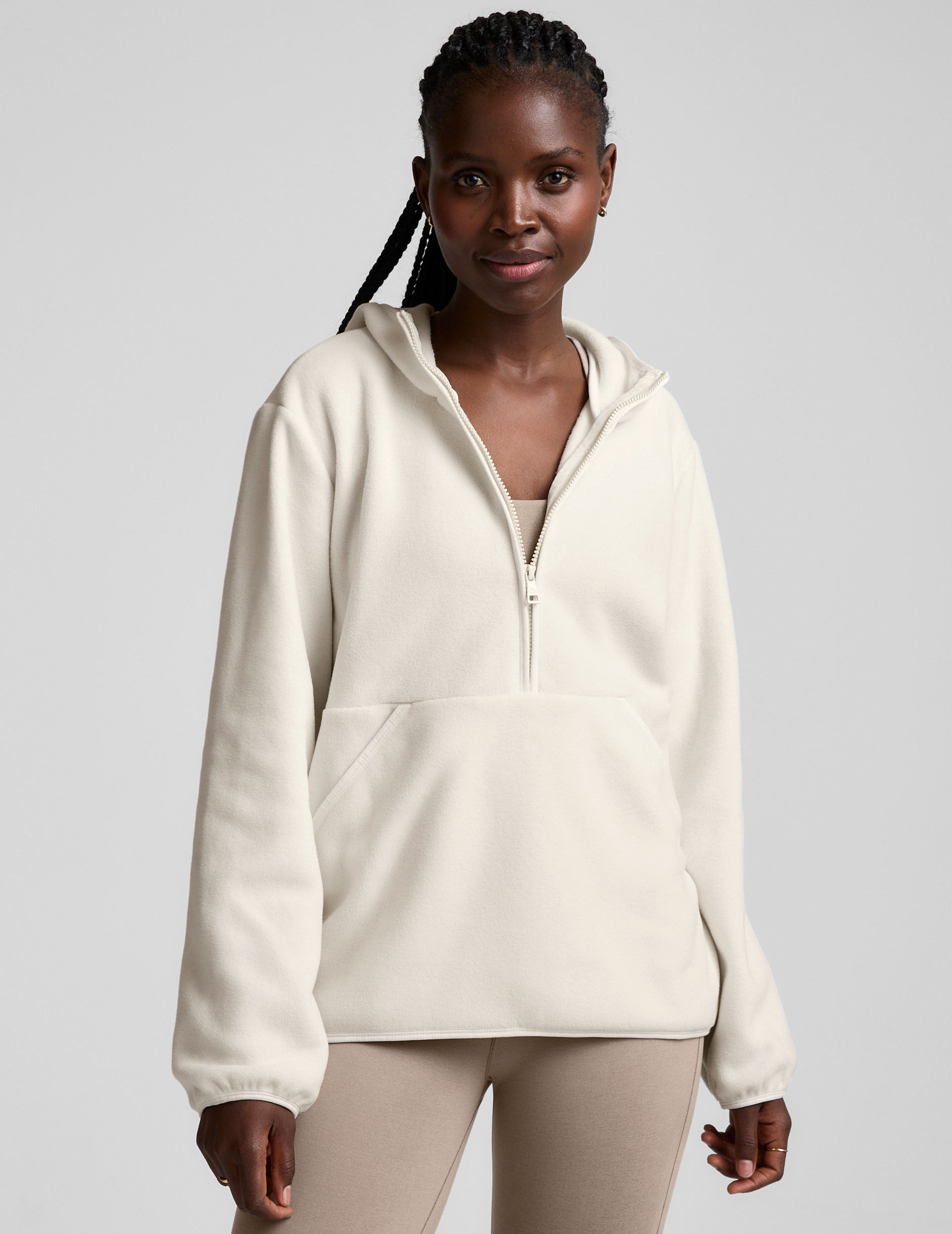 Women's Cozy Fleece Half-Zip Pullover Jacket with Hood and Kangaroo Pocket