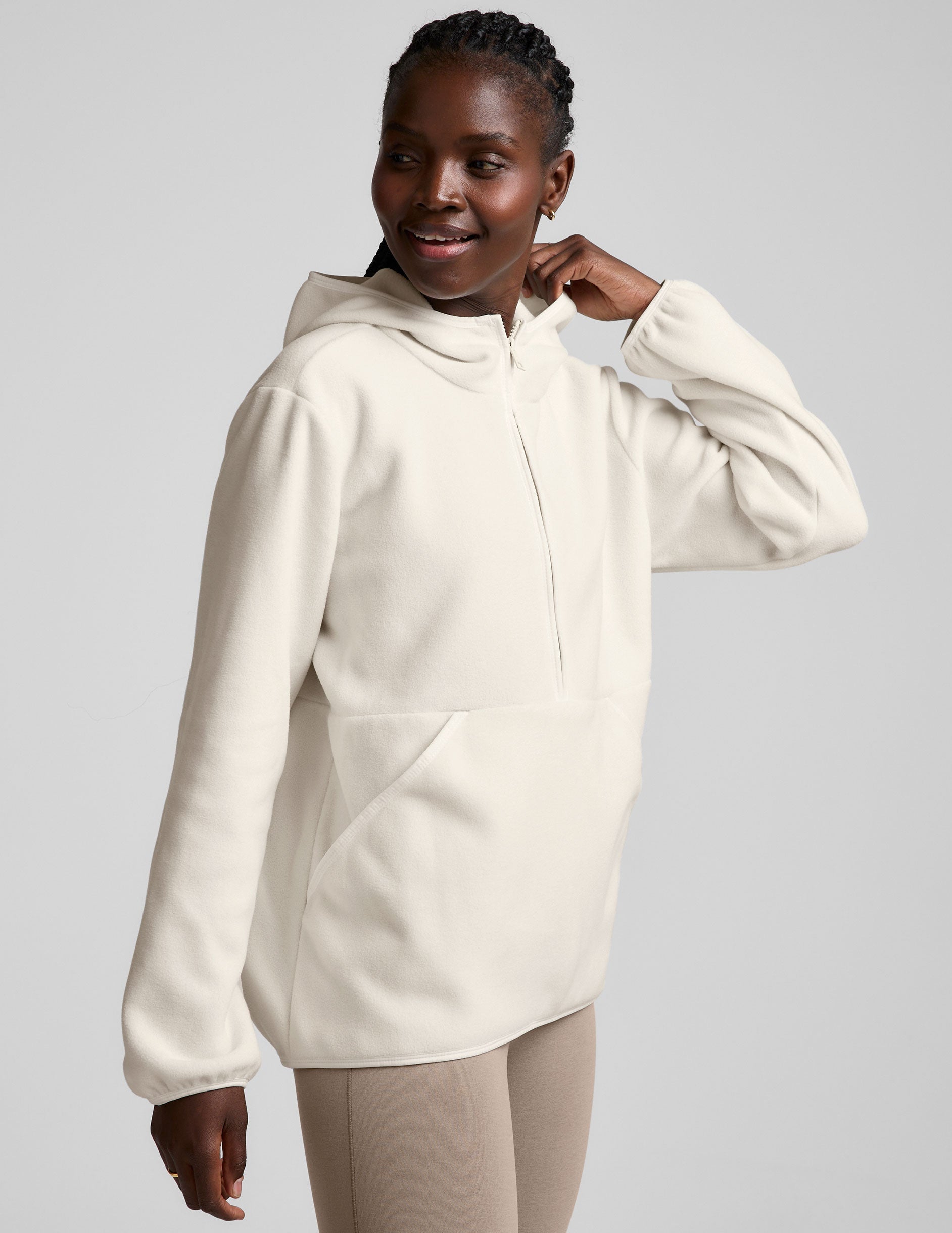 Women's Cozy Fleece Half-Zip Pullover Jacket with Hood and Kangaroo Pocket