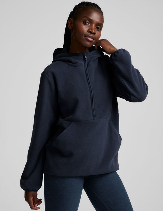 Explorer Cozy Fleece Half-Zip Pullover Jacket: Hooded Comfort with Kangaroo Pocket