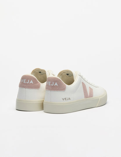 VEJA Campo Low-Top Sneakers: White Bovine ChromeFree Leather, Pink V-Logo