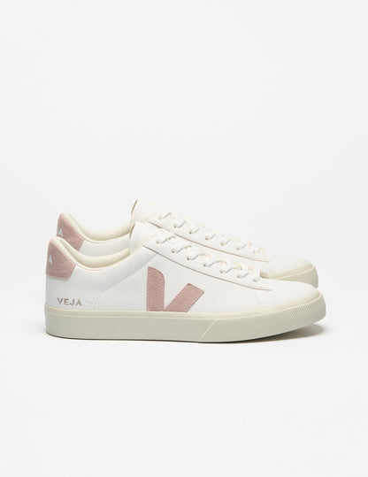 VEJA Campo Low-Top Sneakers: White Bovine ChromeFree Leather, Pink V-Logo