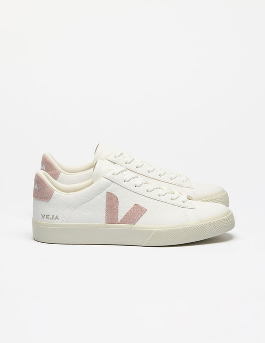 VEJA Campo Low-Top Sneakers: White Bovine ChromeFree Leather, Pink V-Logo