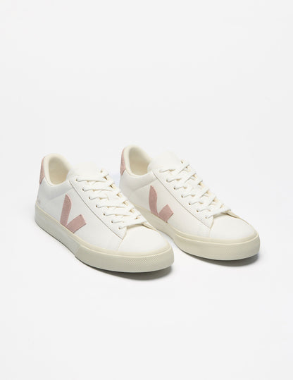 VEJA Campo Low-Top Sneakers: White Bovine ChromeFree Leather, Pink V-Logo
