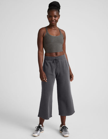 Soft Terry Washed Black Wide Leg Cropped Pants with Side Pockets