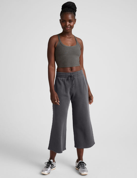 Soft Terry Washed Black Wide Leg Cropped Pants with Side Pockets