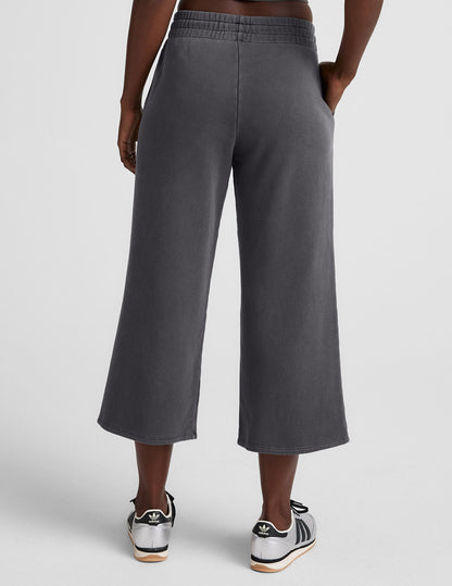 Soft Terry Washed Black Wide Leg Cropped Pants with Side Pockets