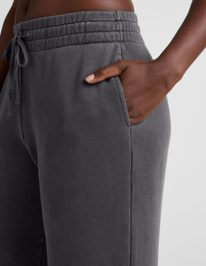 Soft Terry Washed Black Wide Leg Cropped Pants with Side Pockets