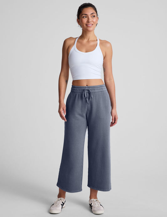 Comfortable Soft Terry Washed Blue Wide Leg Cropped Pants with Pockets