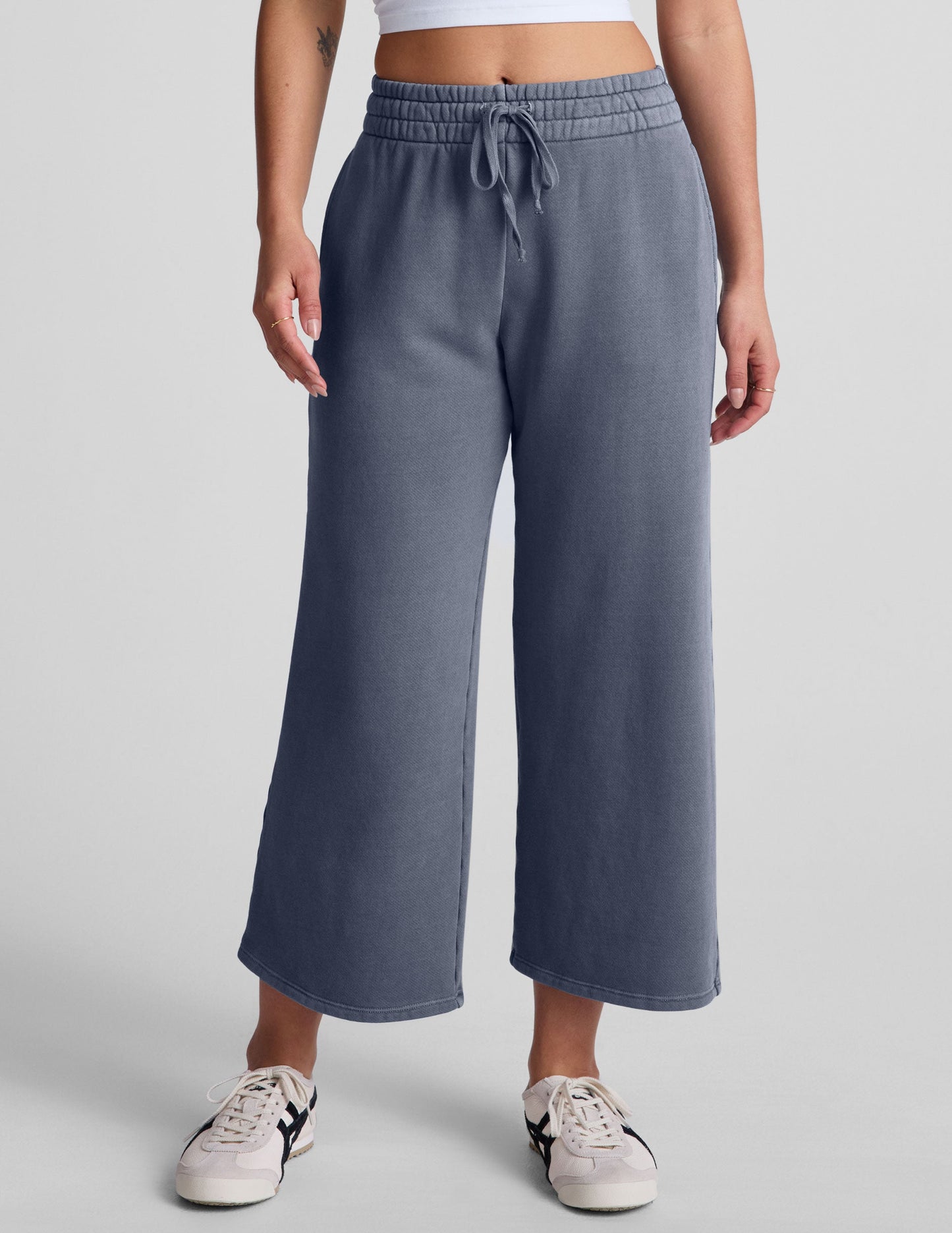 Comfortable Soft Terry Washed Blue Wide Leg Cropped Pants with Pockets