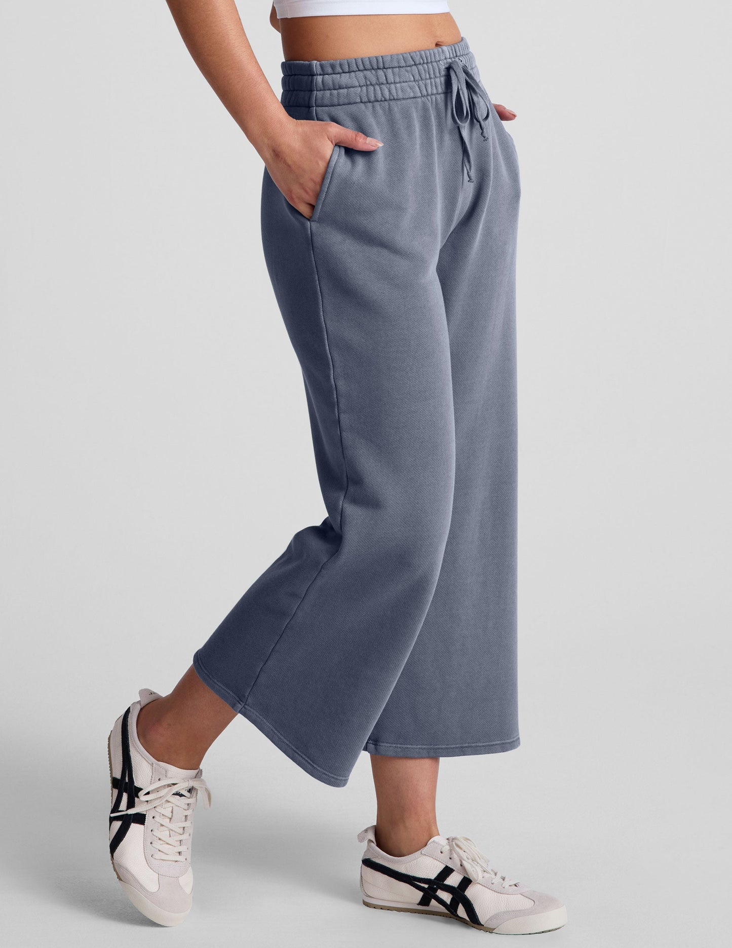 Comfortable Soft Terry Washed Blue Wide Leg Cropped Pants with Pockets