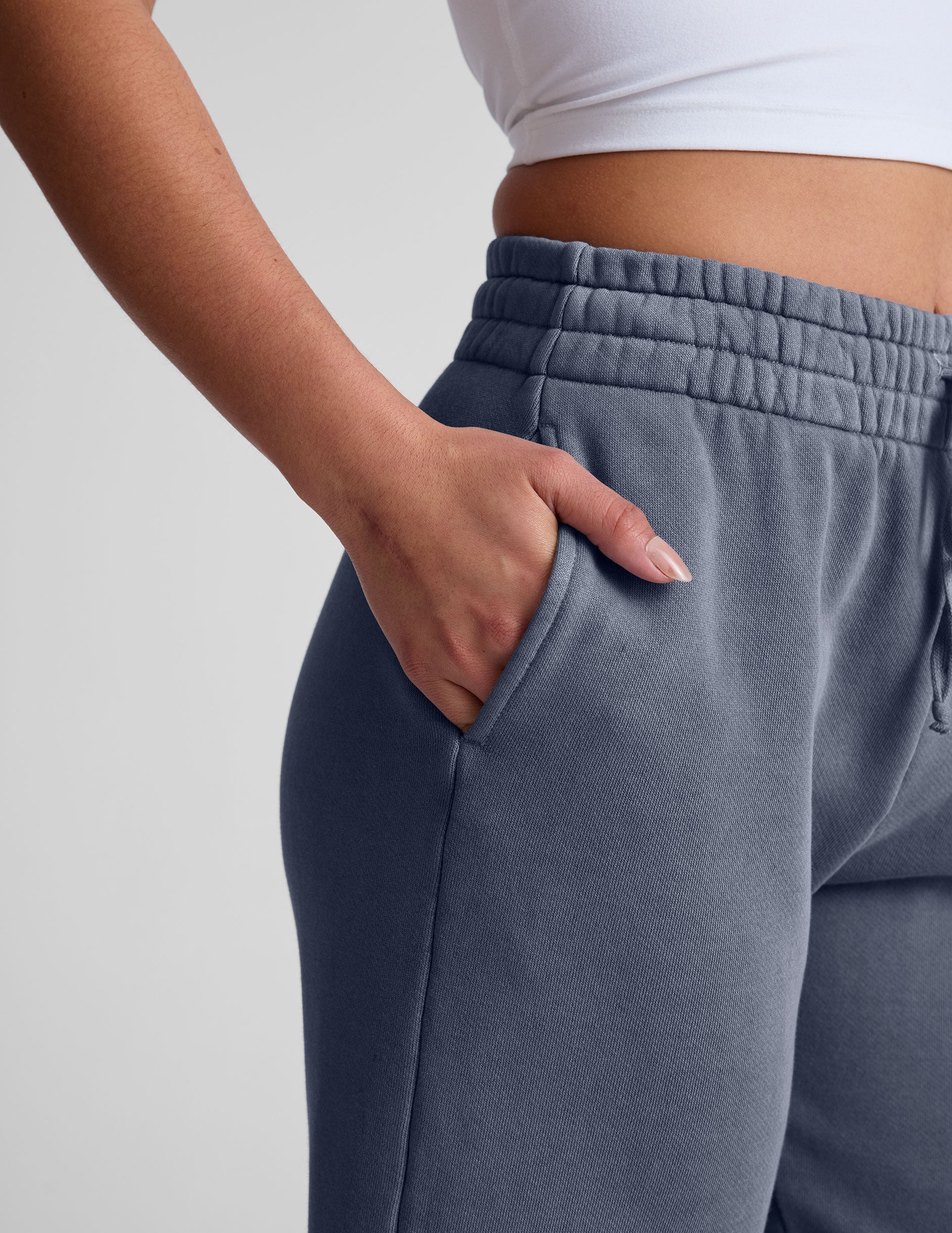 Comfortable Soft Terry Washed Blue Wide Leg Cropped Pants with Pockets
