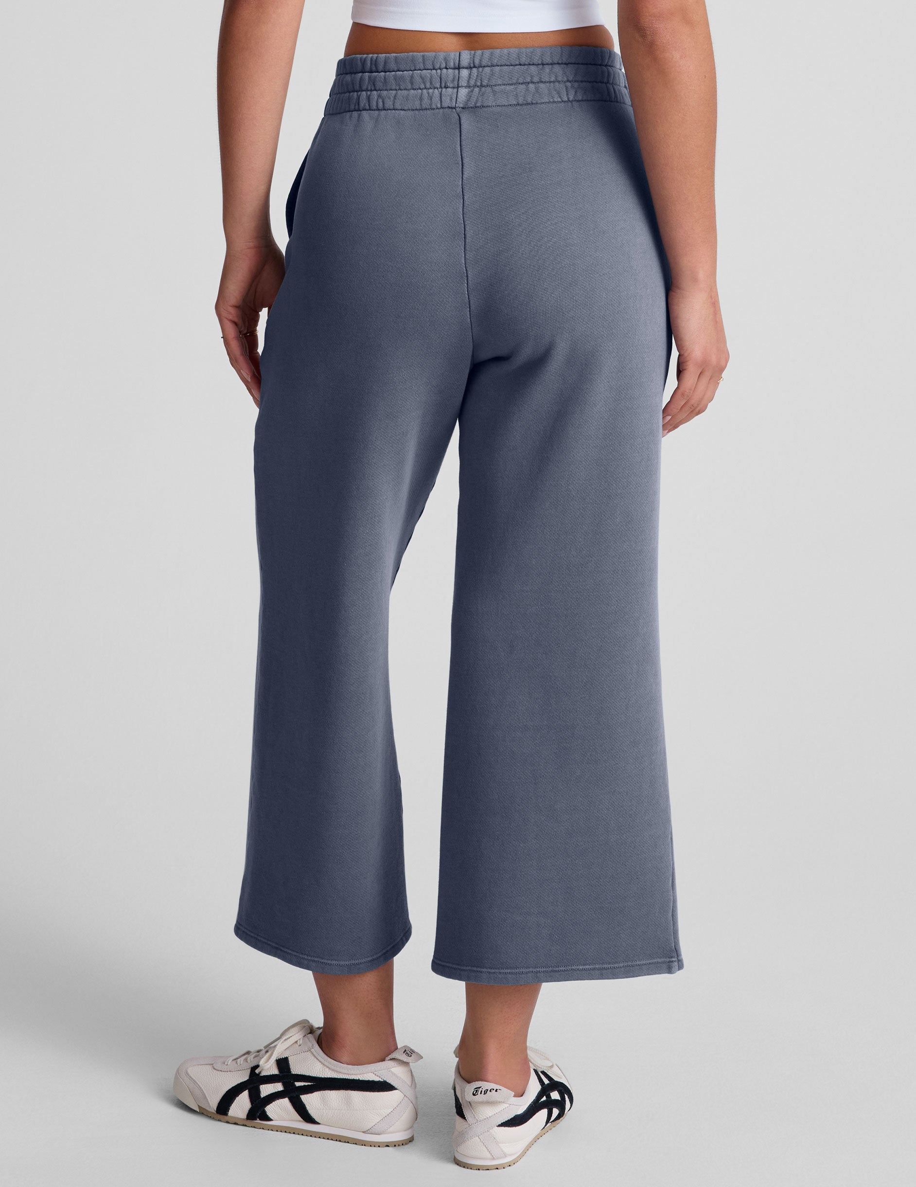 Comfortable Soft Terry Washed Blue Wide Leg Cropped Pants with Pockets