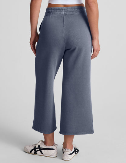 Comfortable Soft Terry Washed Blue Wide Leg Cropped Pants with Pockets