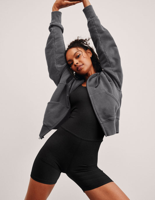 Soft Terry Washed Black Zip-Up Hoodie with Pockets, Casual Style