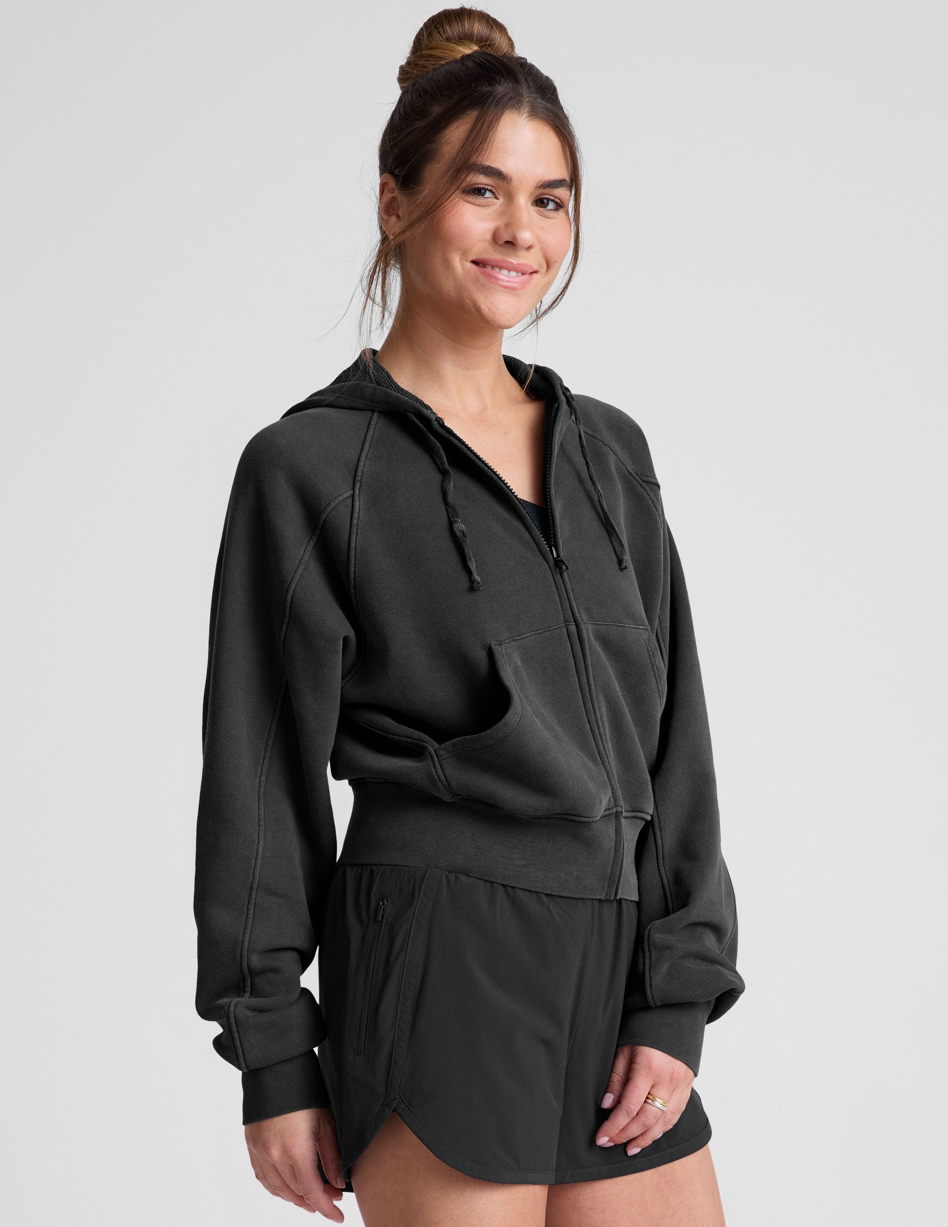 Soft Terry Washed Black Zip-Up Hoodie with Pockets, Casual Style