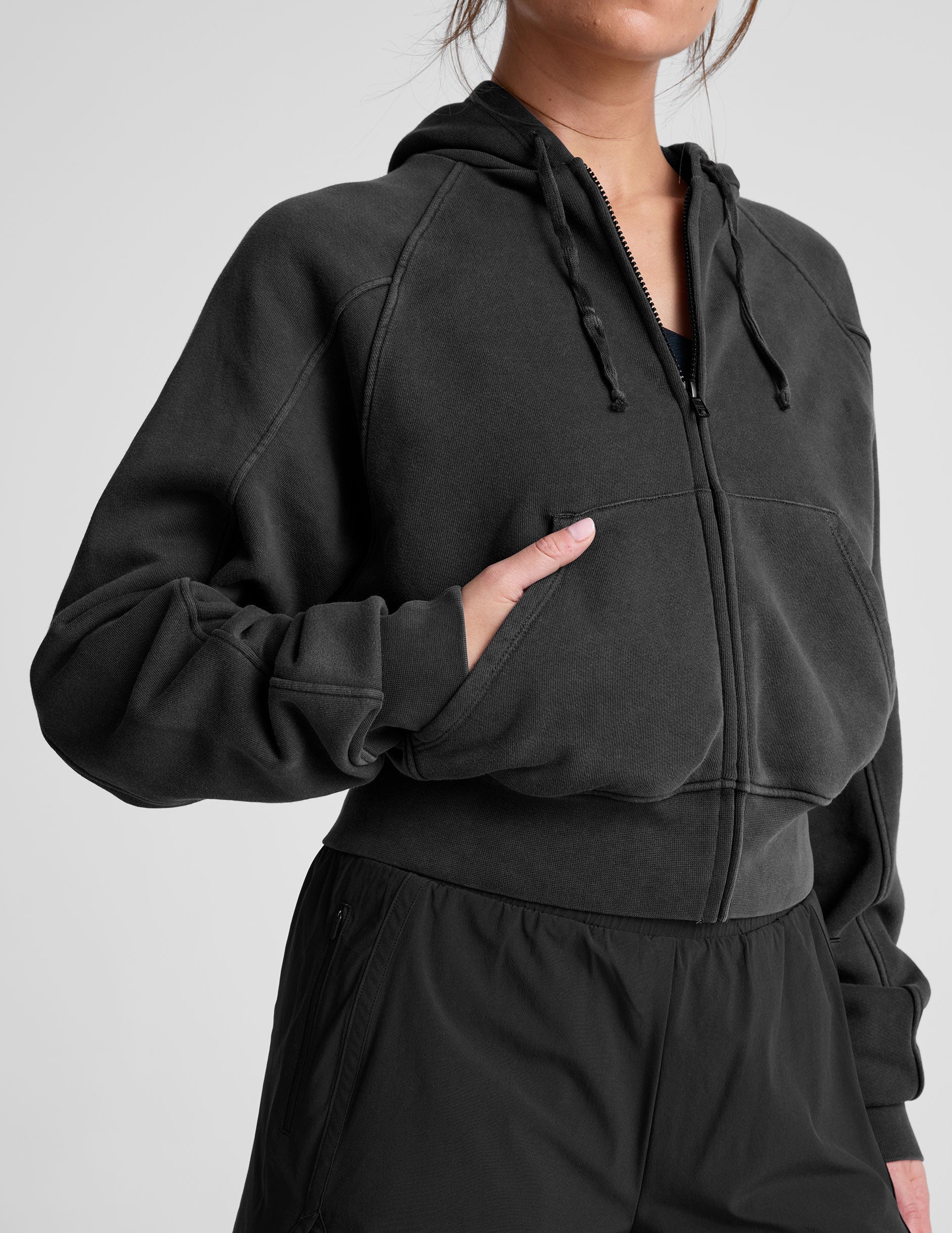 Soft Terry Washed Black Zip-Up Hoodie with Pockets, Casual Style