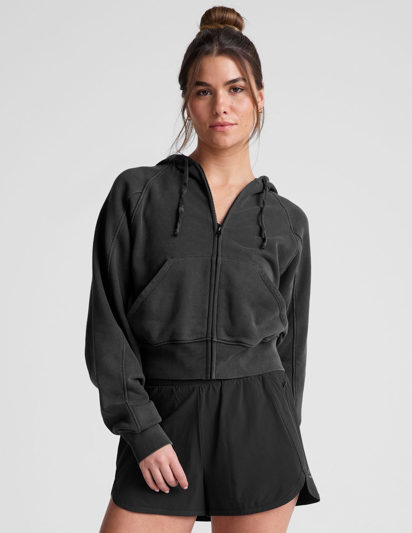 Soft Terry Washed Black Zip-Up Hoodie with Pockets, Casual Style