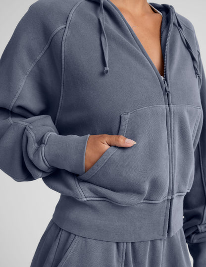 Soft Washed Blue Terry Zip-Up Hoodie with Pockets for Ultimate Comfort