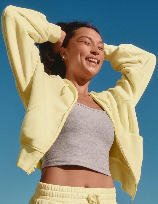 Cozy Terry Zip-Up Hoodie: Relaxed Fit, Kangaroo Pockets, Washed Buttercup Yellow