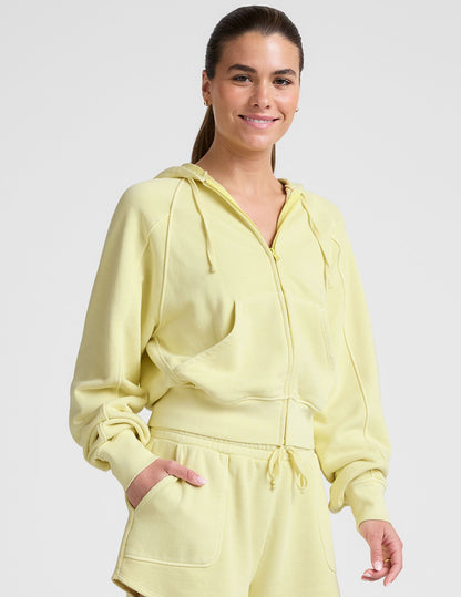 Cozy Terry Zip-Up Hoodie: Relaxed Fit, Kangaroo Pockets, Washed Buttercup Yellow
