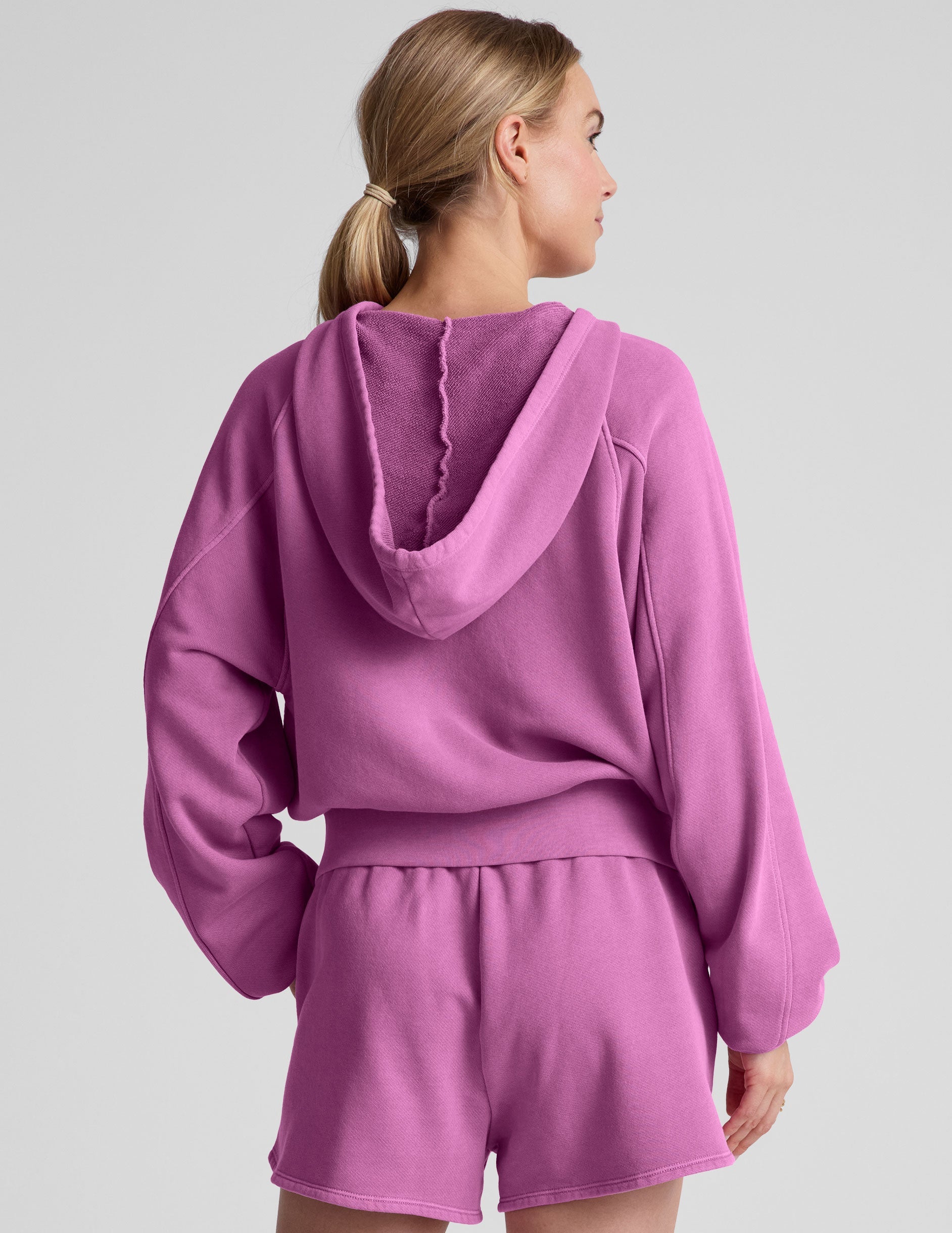 Plush Washed Sunset Violet Zip Hoodie: Soft Terry, Kangaroo Pockets, Adjustable Drawcords