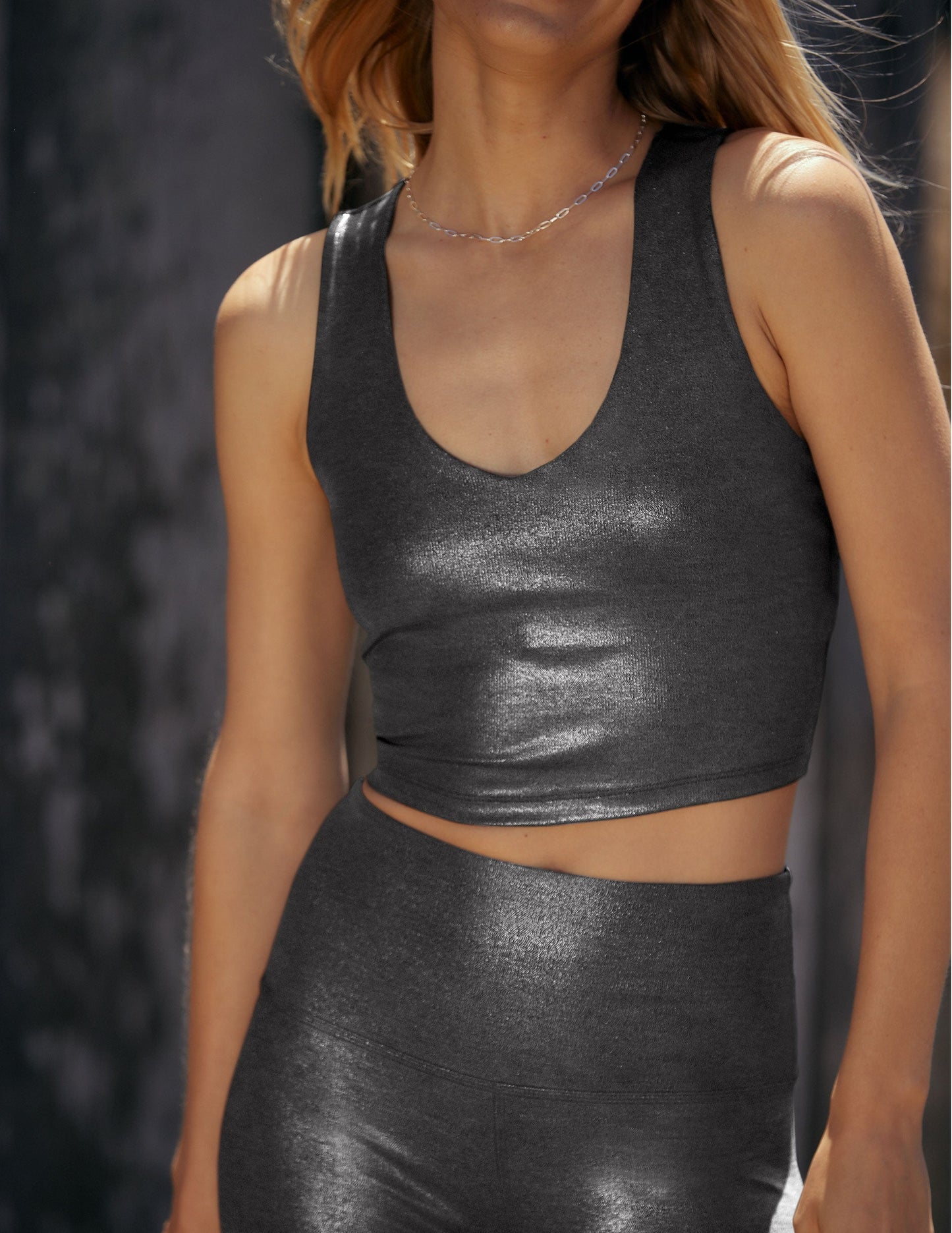 Beyond Yoga Heather Rib Black Shine Cropped Tank with Built-in Bra