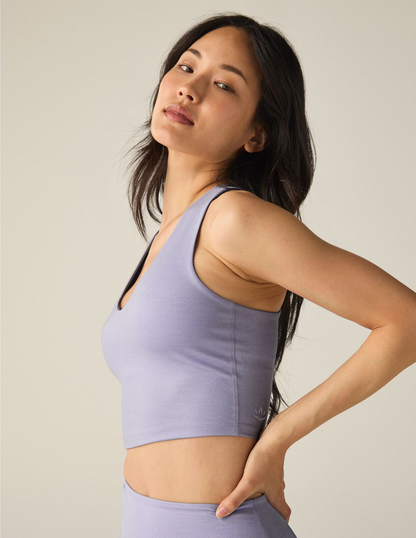 Shimmering Blue Frost Ribbed Cropped Tank Top with Built-in Bra