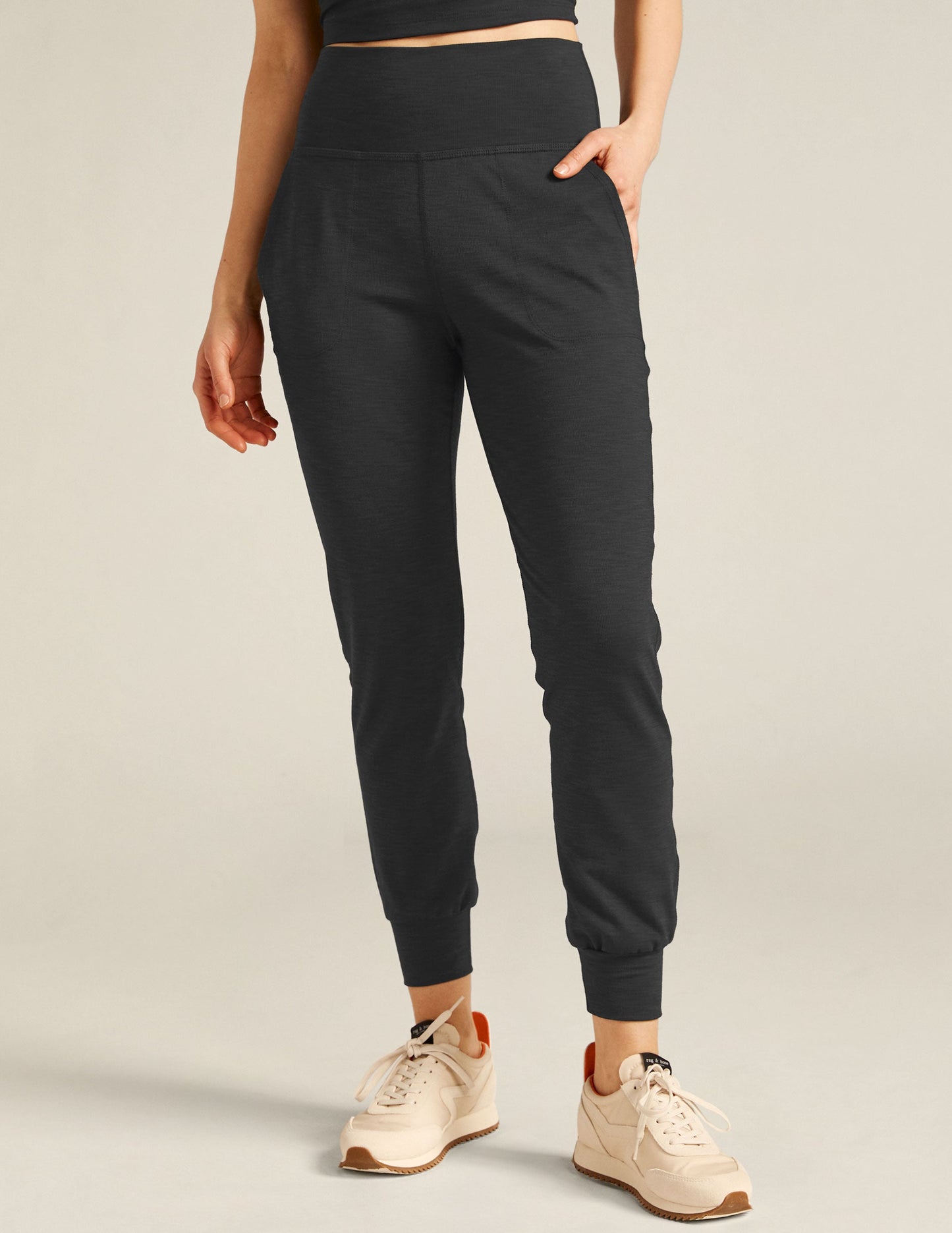 Comfy Heather Rib Midi Jogger Pants with Pockets - Slim Fit