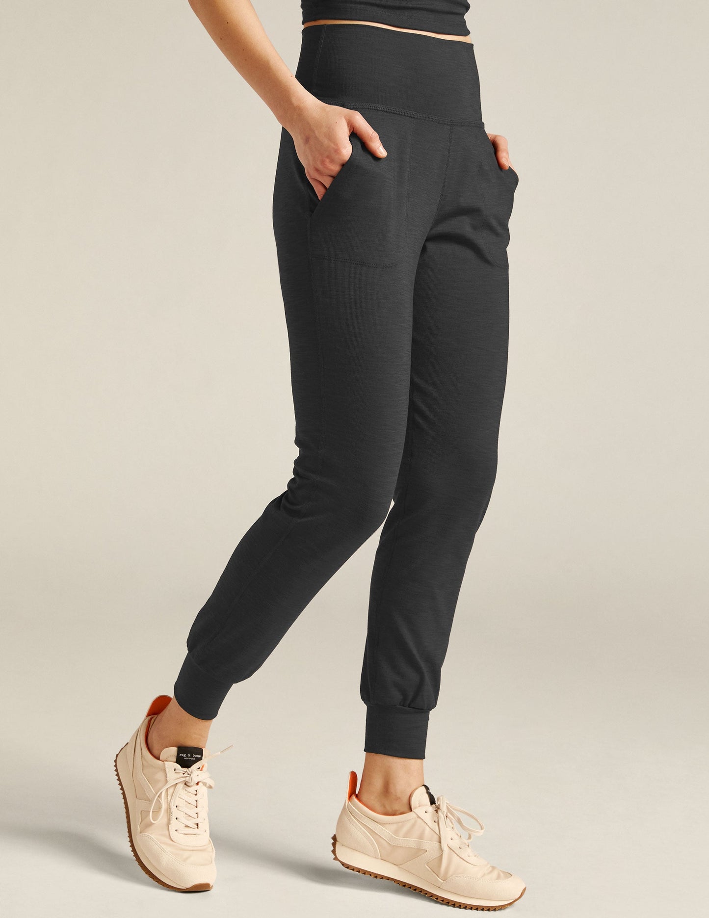 Comfy Heather Rib Midi Jogger Pants with Pockets - Slim Fit
