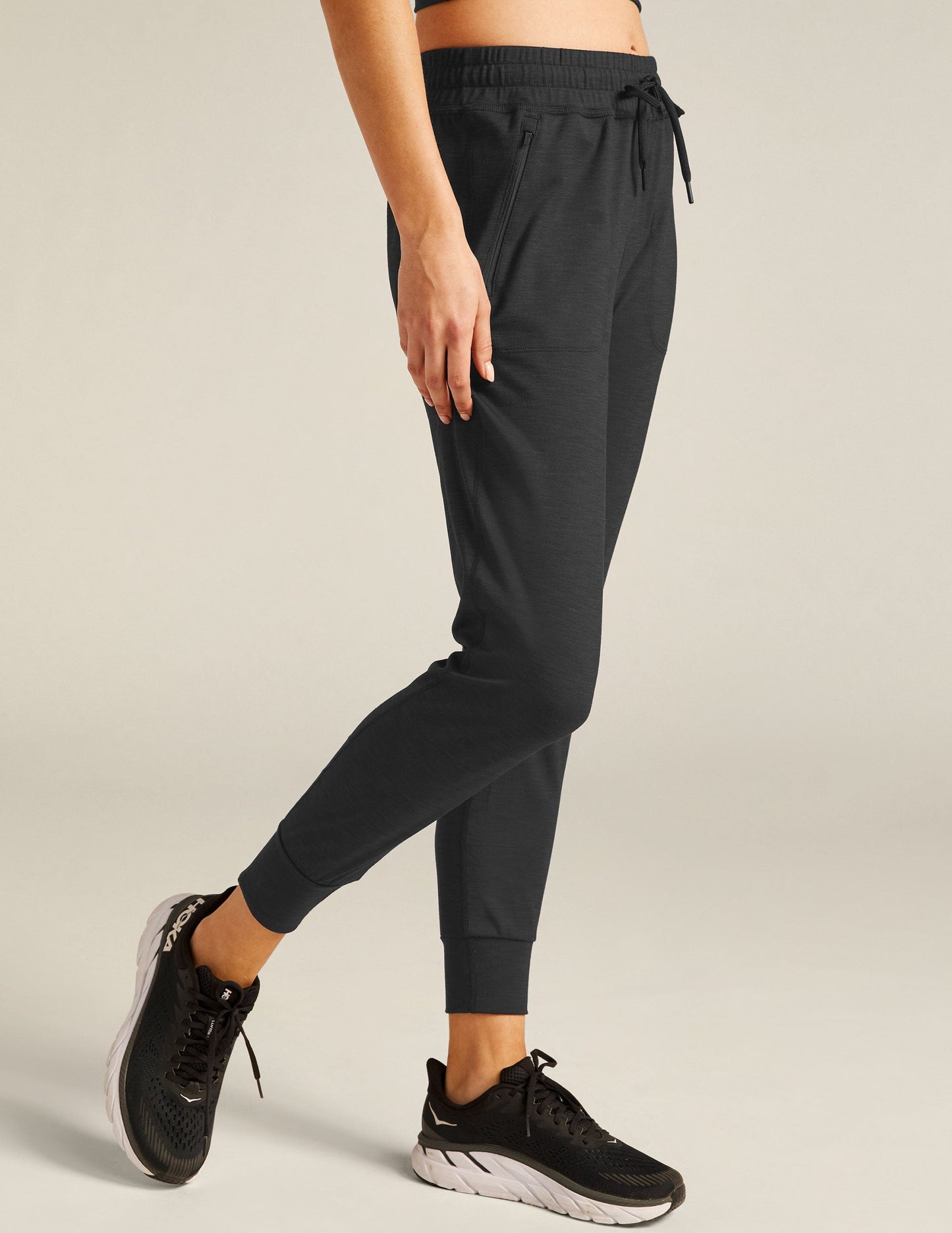 Beyond Yoga Heather Rib Street Joggers: Black Slim Fit, High-Waisted Comfort