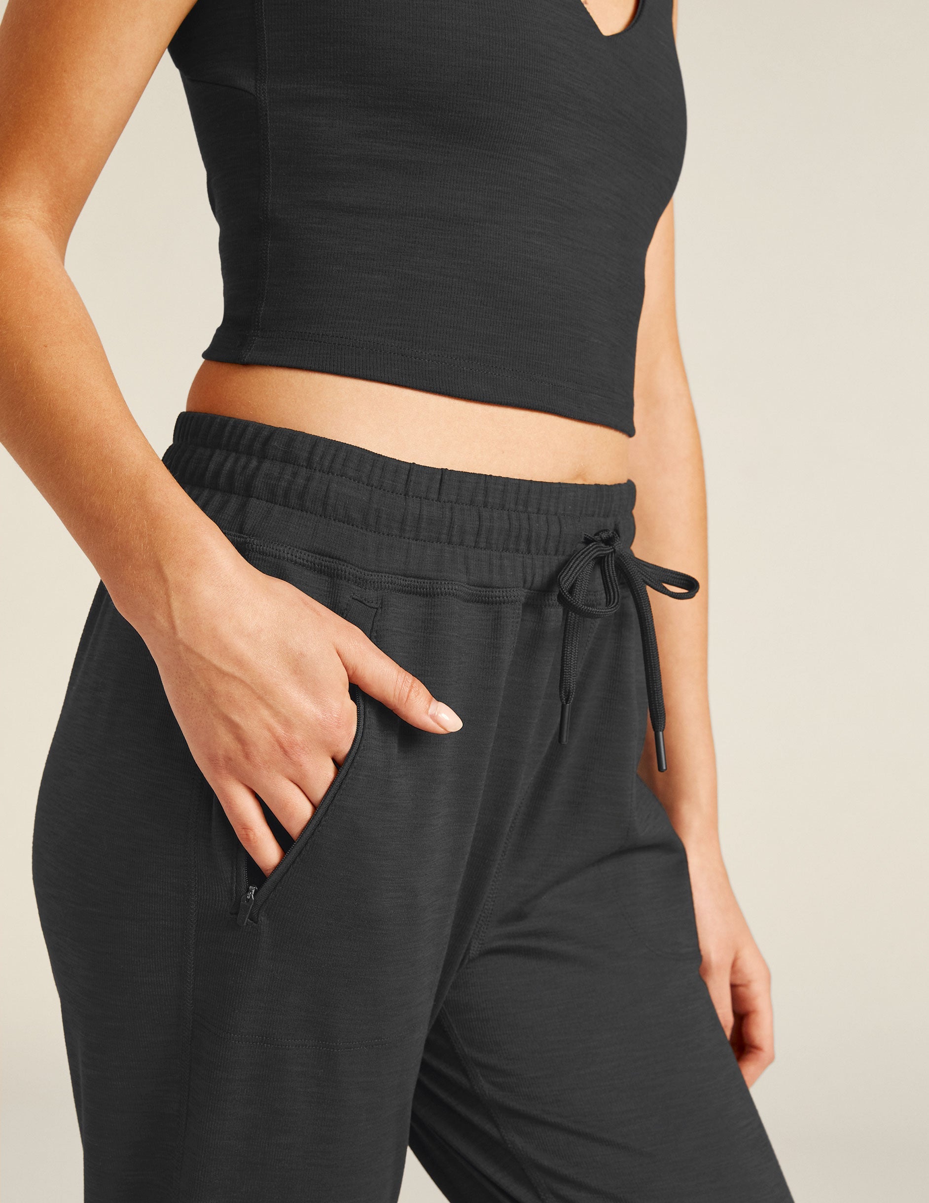 Beyond Yoga Heather Rib Street Joggers: Black Slim Fit, High-Waisted Comfort