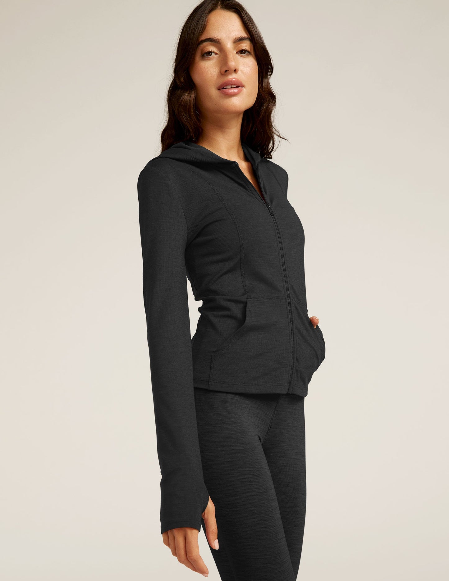 Heather Rib Morning Jog Hoodie: Women's Full-Zip Activewear Jacket with Thumbholes